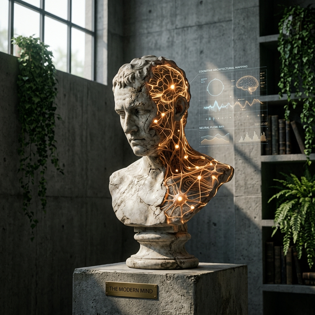 Busto conceitual mesclando mármore clássico romano e vias neurais de âmbar orgânico
